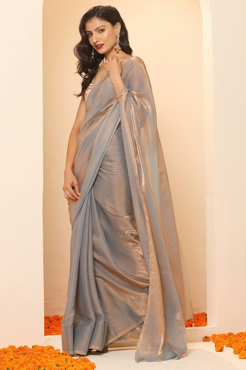 Pleasant Grey Fancy Silk Saree With Designer Blouse Piece