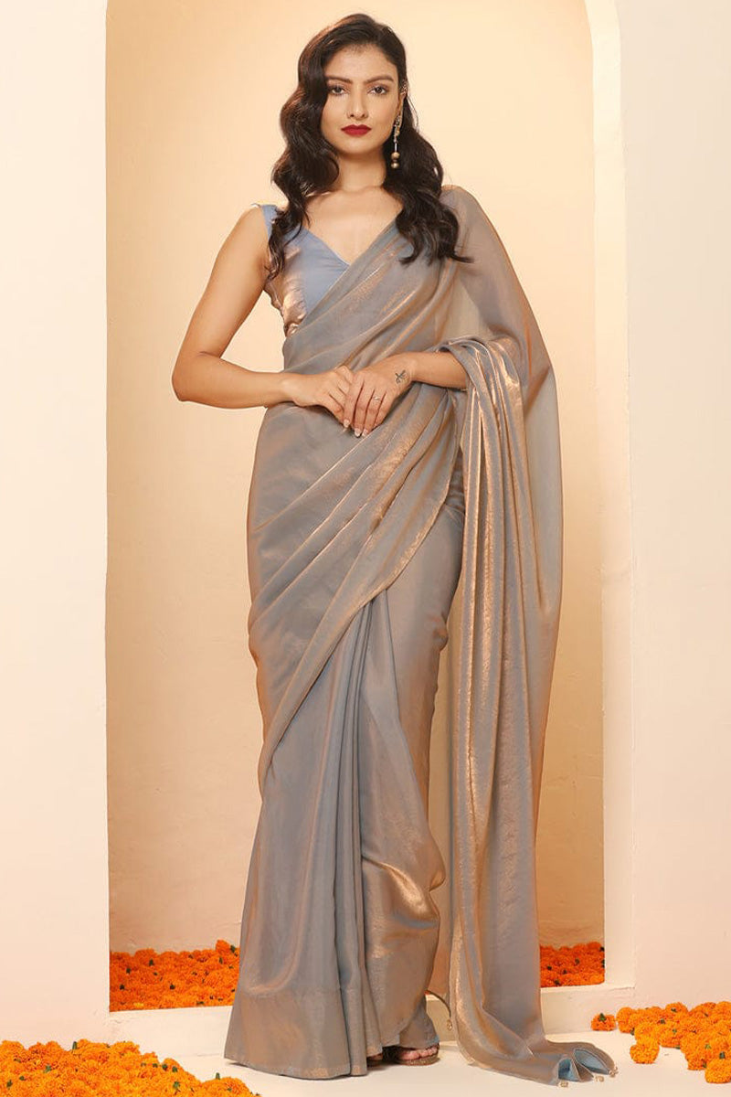 Pleasant Grey Fancy Silk Saree With Designer Blouse Piece