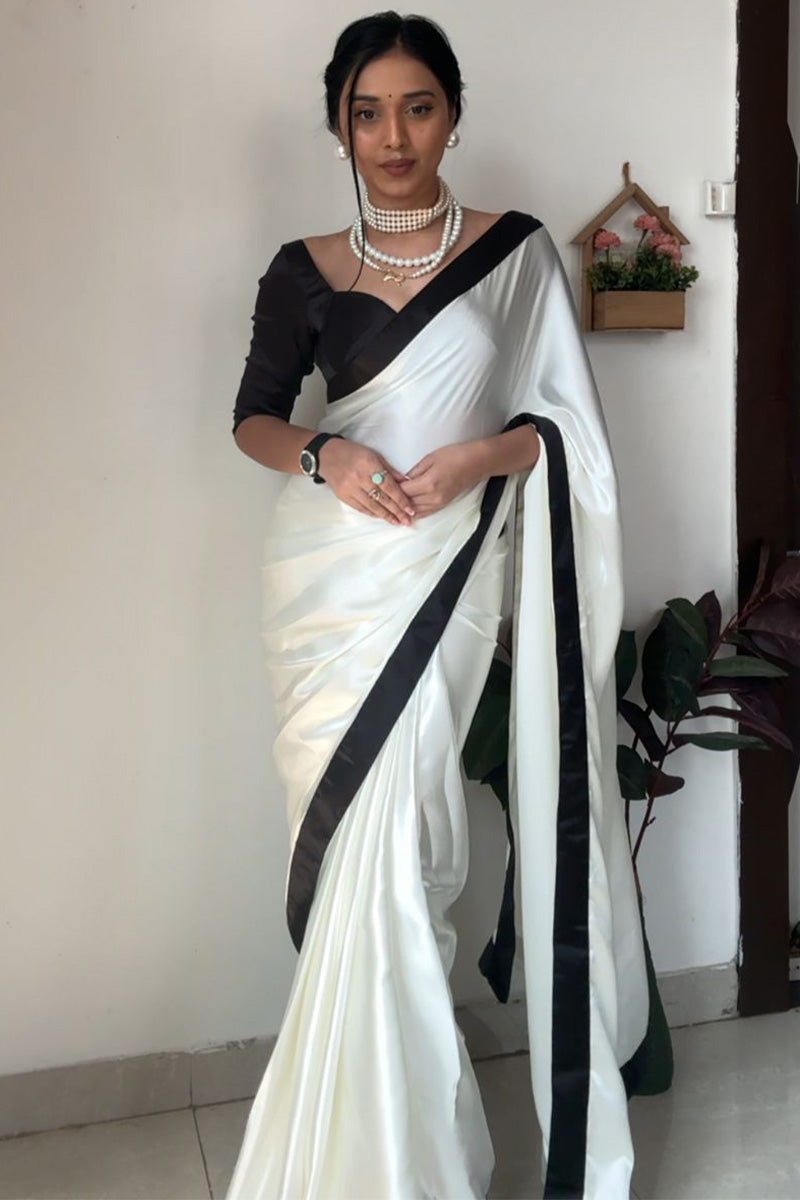 Bewitching 1-Minute Ready To Wear White Satin Silk Saree
