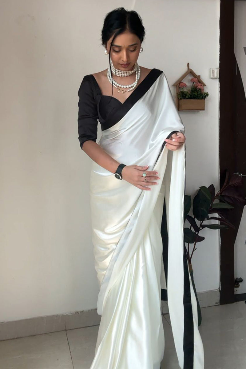 Bewitching 1-Minute Ready To Wear White Satin Silk Saree