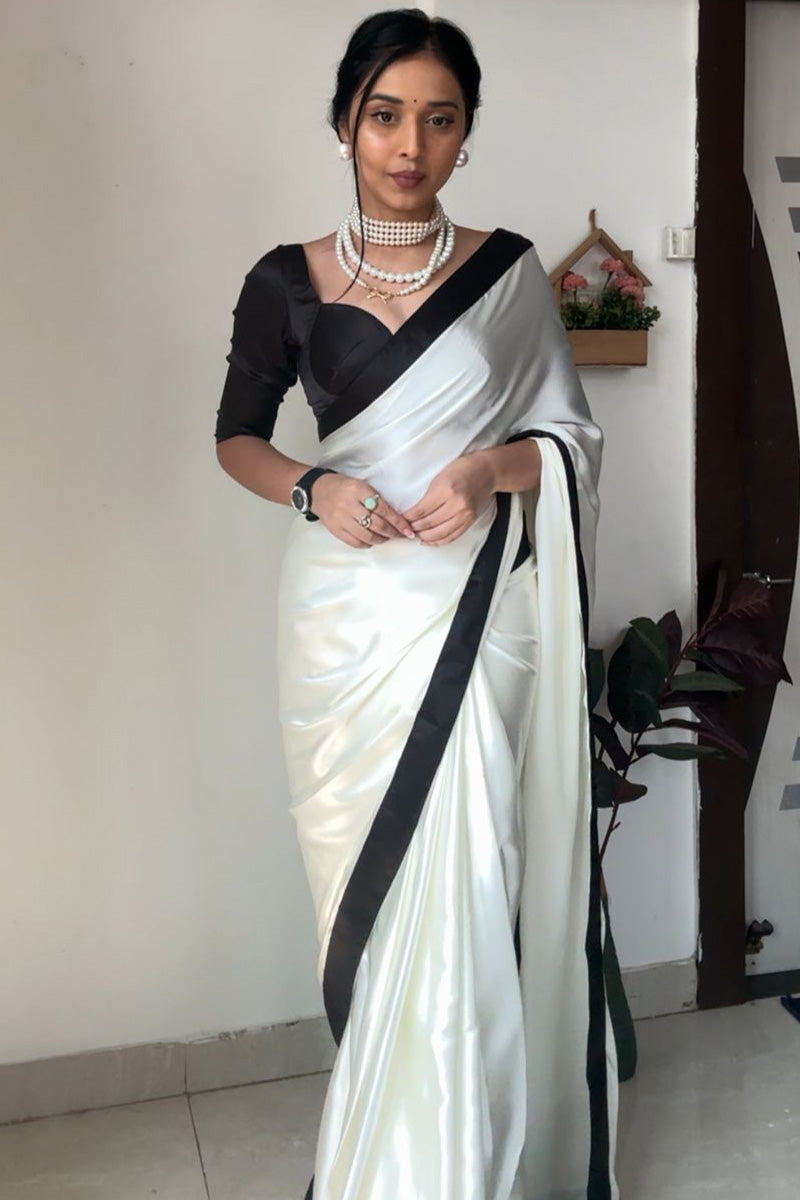 Bewitching 1-Minute Ready To Wear White Satin Silk Saree