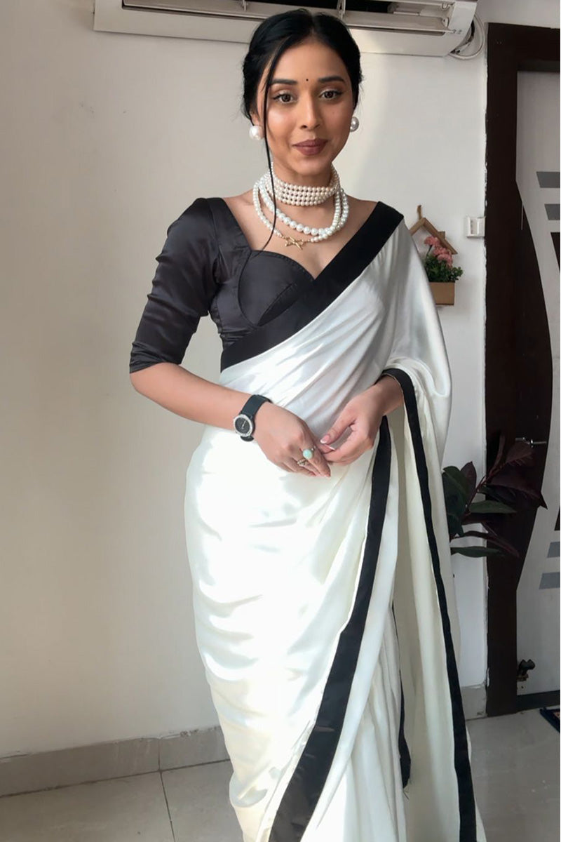 Bewitching 1-Minute Ready To Wear White Satin Silk Saree