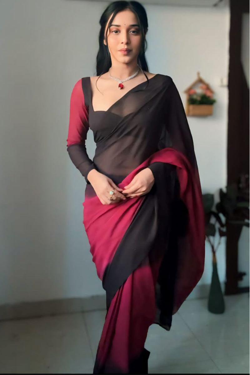 Elaborate 1-Minute Ready To Wear Black and Maroon Georgette Saree