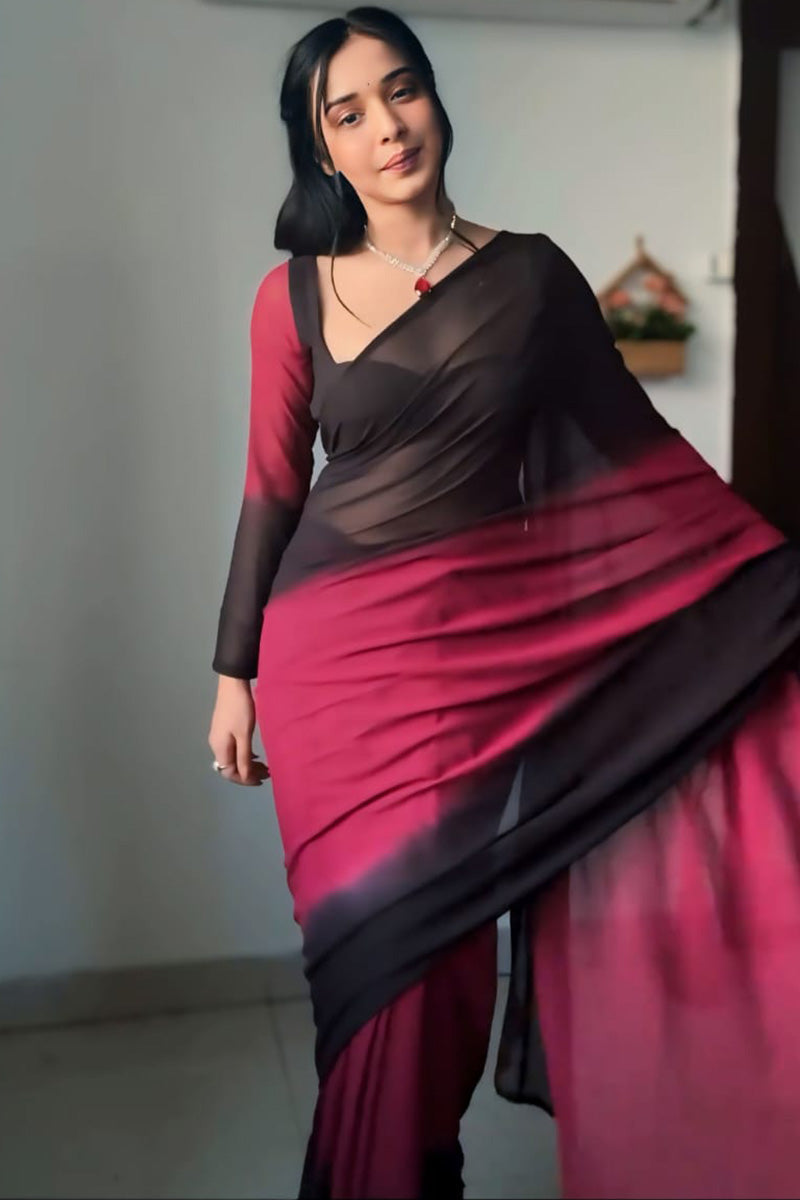 Elaborate 1-Minute Ready To Wear Black and Maroon Georgette Saree