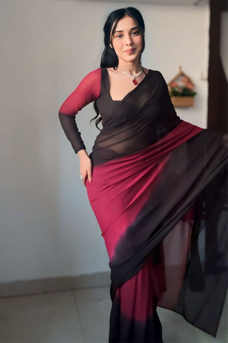 Elaborate 1-Minute Ready To Wear Black and Maroon Georgette Saree