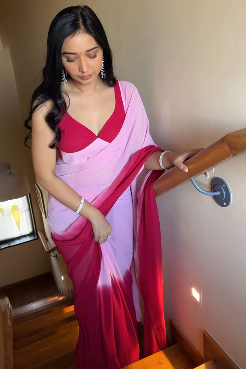 Dazzling 1-Minute Ready To Wear Pink And Red Georgette Saree