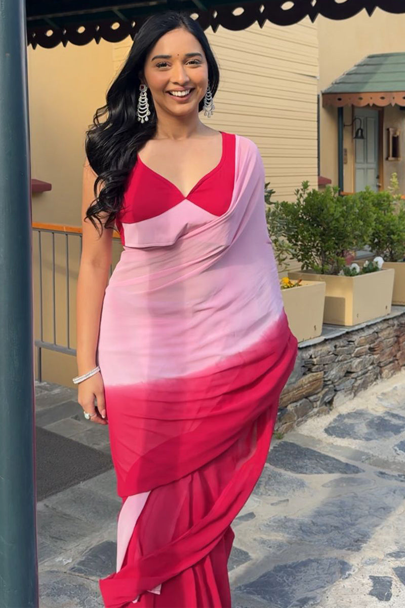 Dazzling 1-Minute Ready To Wear Pink And Red Georgette Saree
