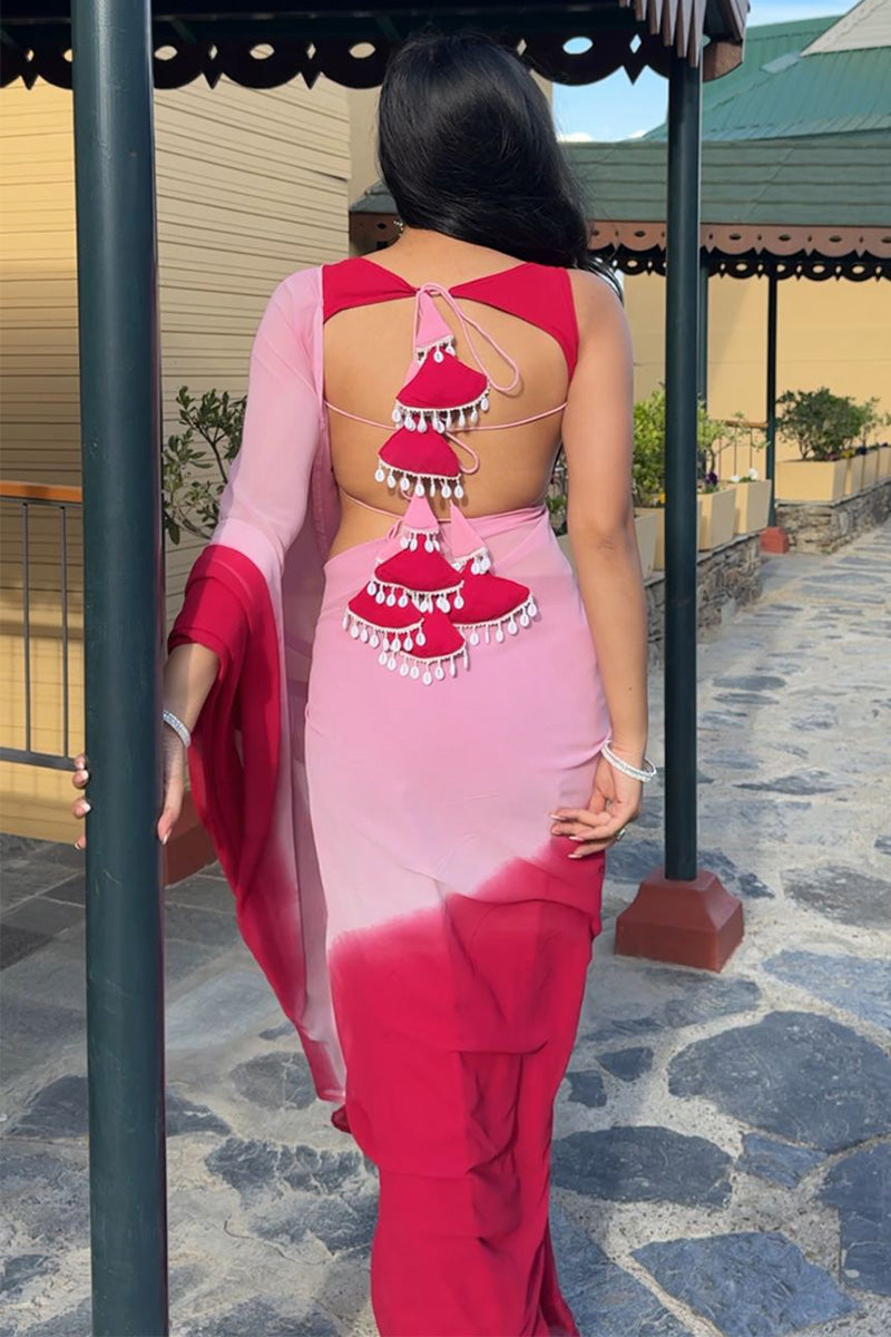 Dazzling 1-Minute Ready To Wear Pink And Red Georgette Saree
