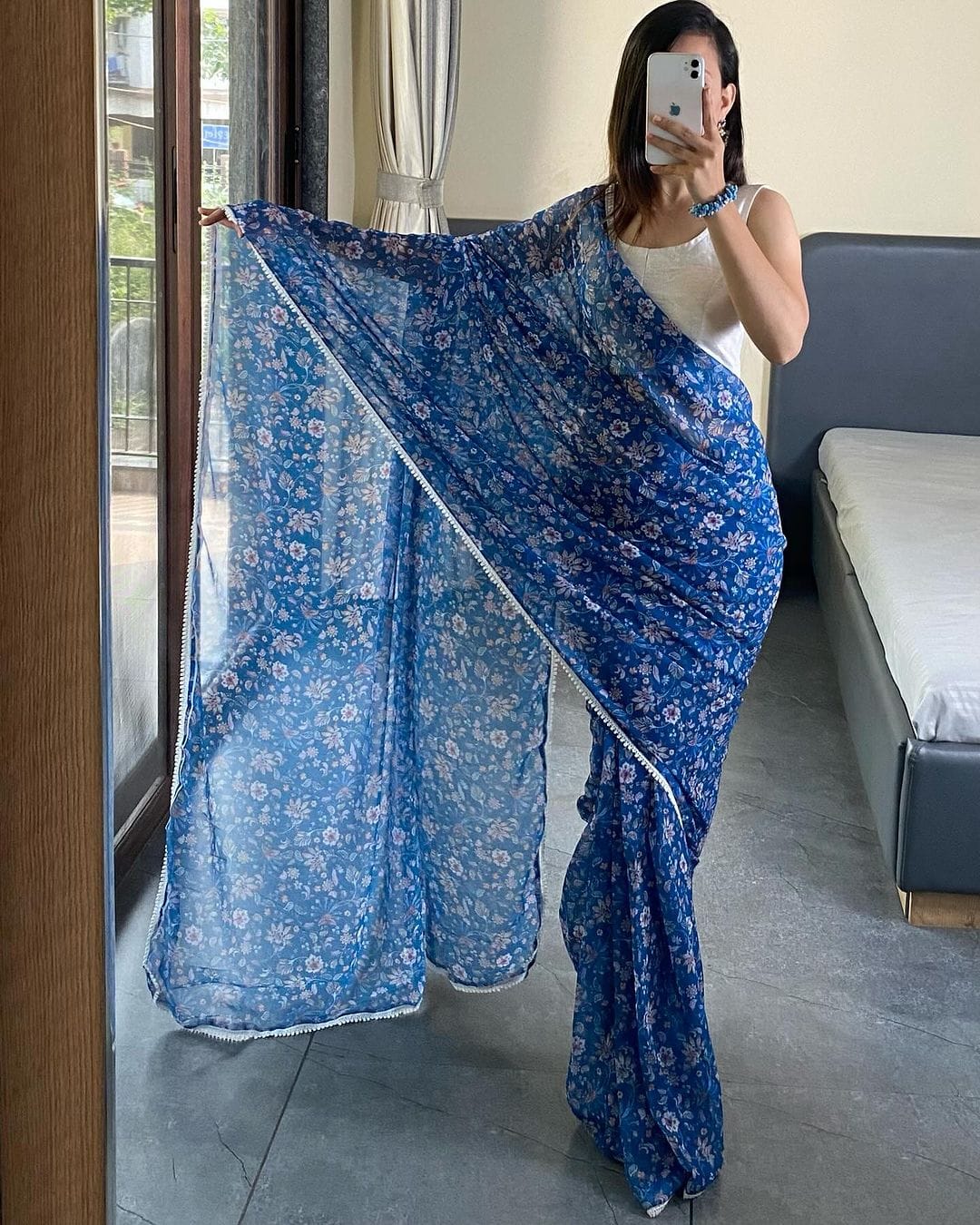Imbrication 1-Minute Ready To Wear Blue Georgette Saree