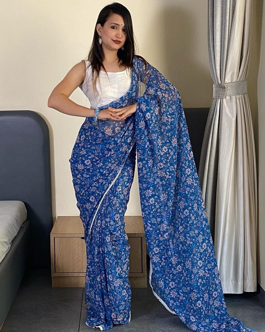 Imbrication 1-Minute Ready To Wear Blue Georgette Saree