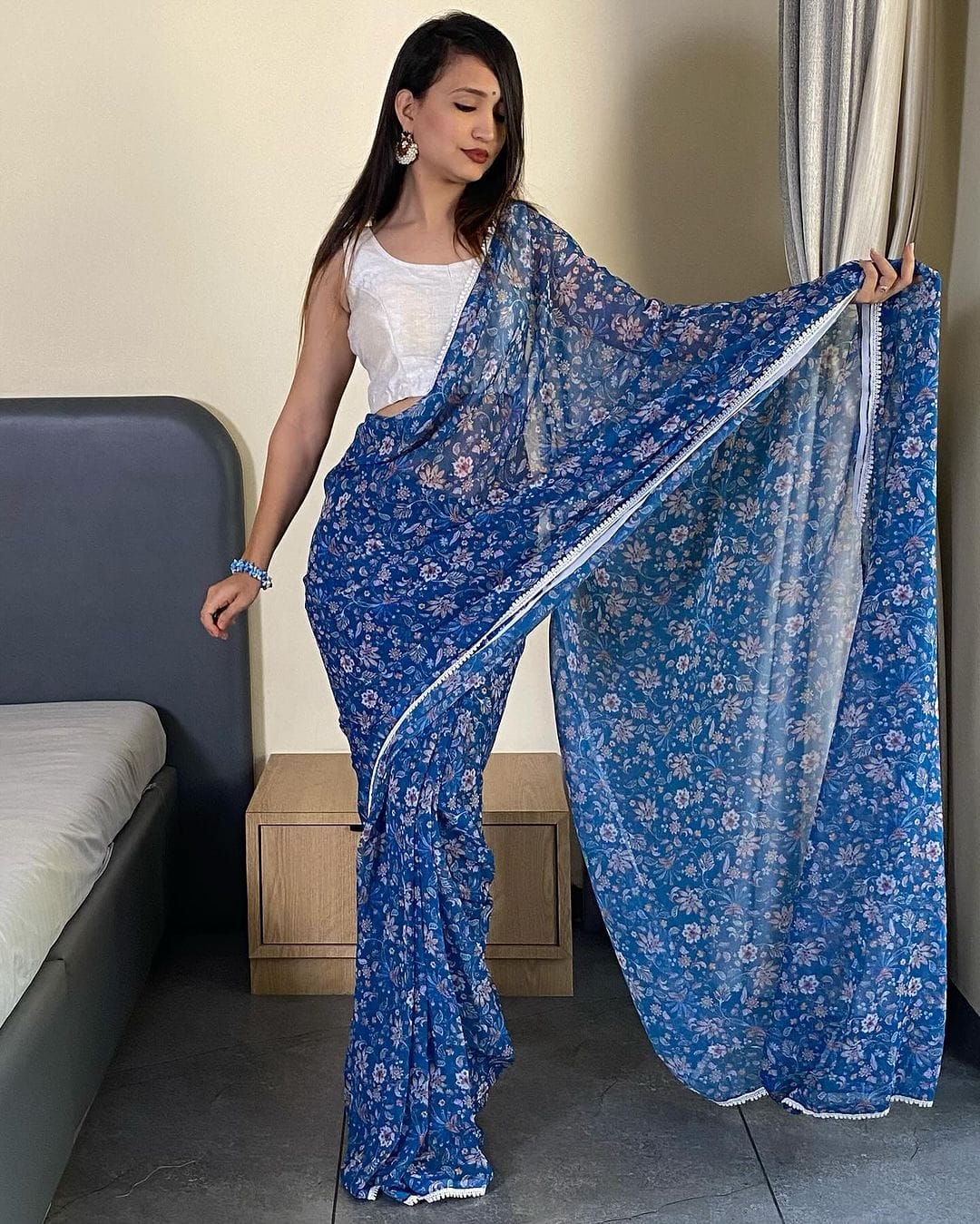 Imbrication 1-Minute Ready To Wear Blue Georgette Saree