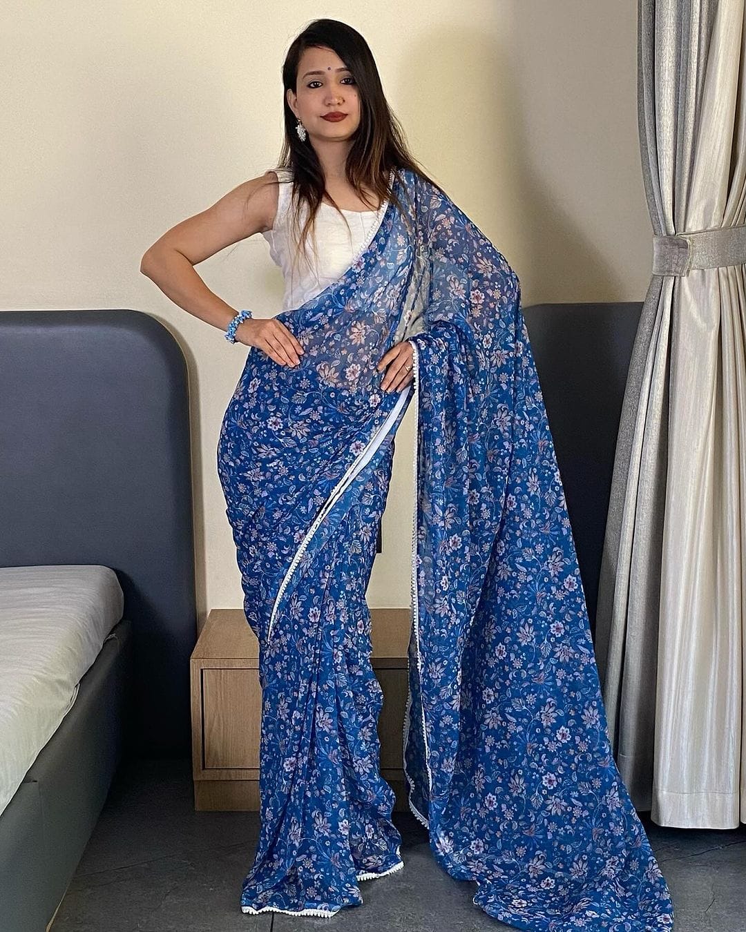 Imbrication 1-Minute Ready To Wear Blue Georgette Saree