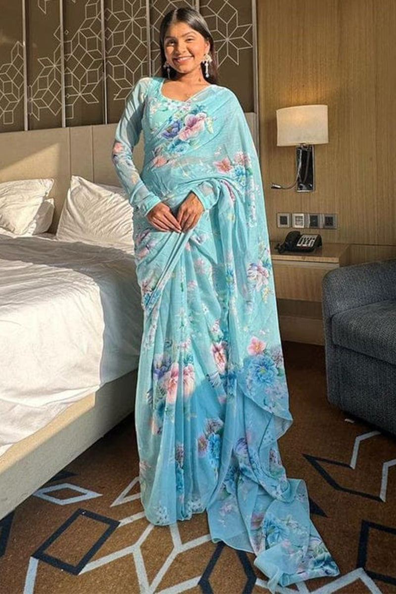 Enchanting 1-Minute Ready To Wear Sky Georgette Saree
