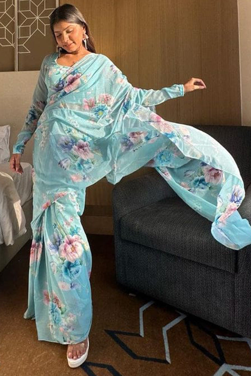 Enchanting 1-Minute Ready To Wear Sky Georgette Saree