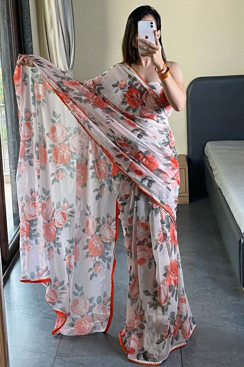 Beautiful 1-Minute Ready To Wear White Georgette Saree