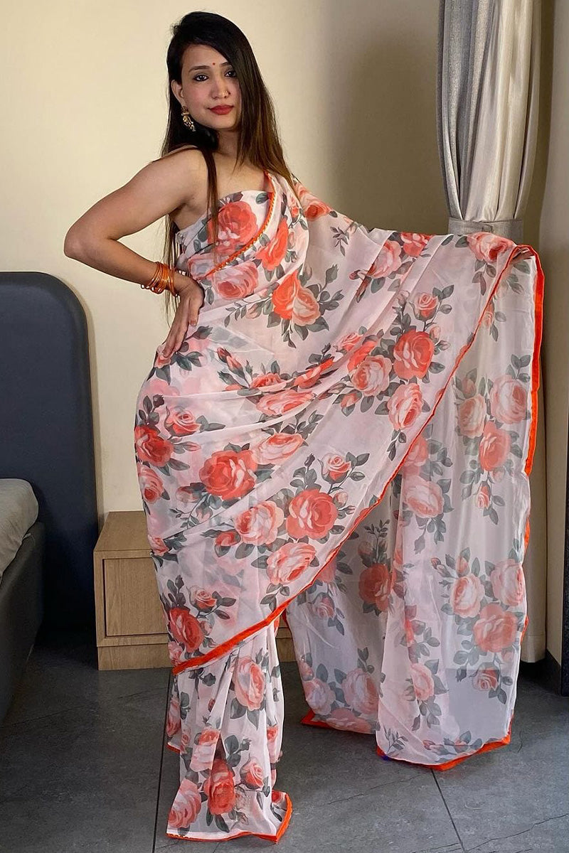 Beautiful 1-Minute Ready To Wear White Georgette Saree