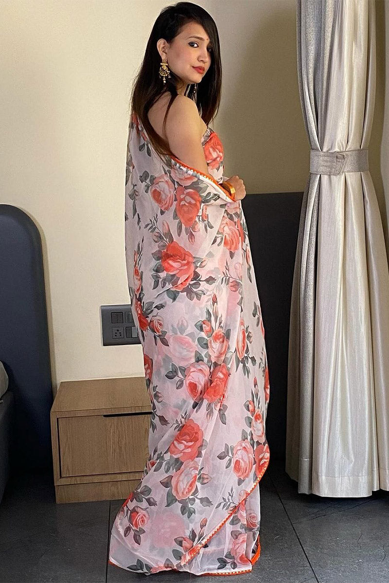 Beautiful 1-Minute Ready To Wear White Georgette Saree