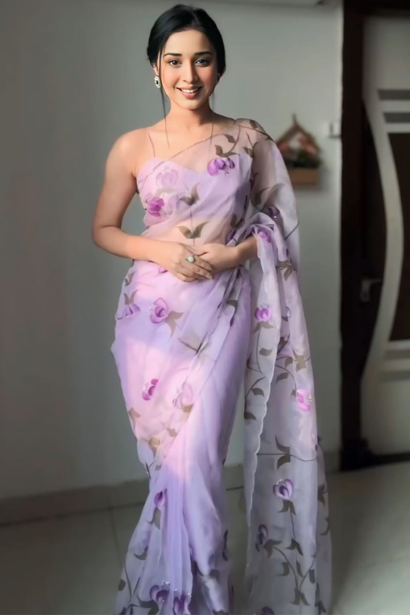 Charming 1-Minute Ready To Wear Lavender Organza Silk Saree