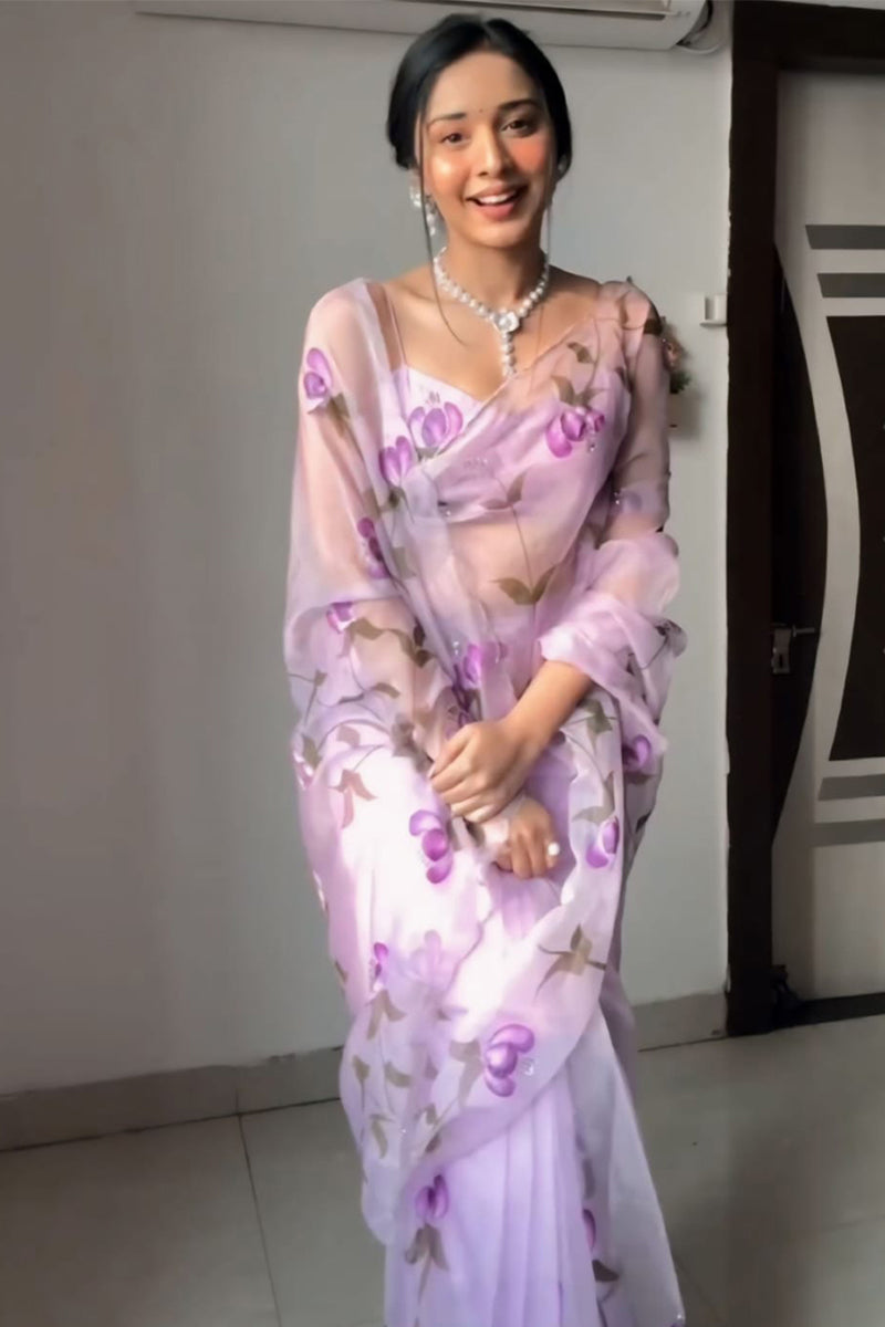 Charming 1-Minute Ready To Wear Lavender Organza Silk Saree