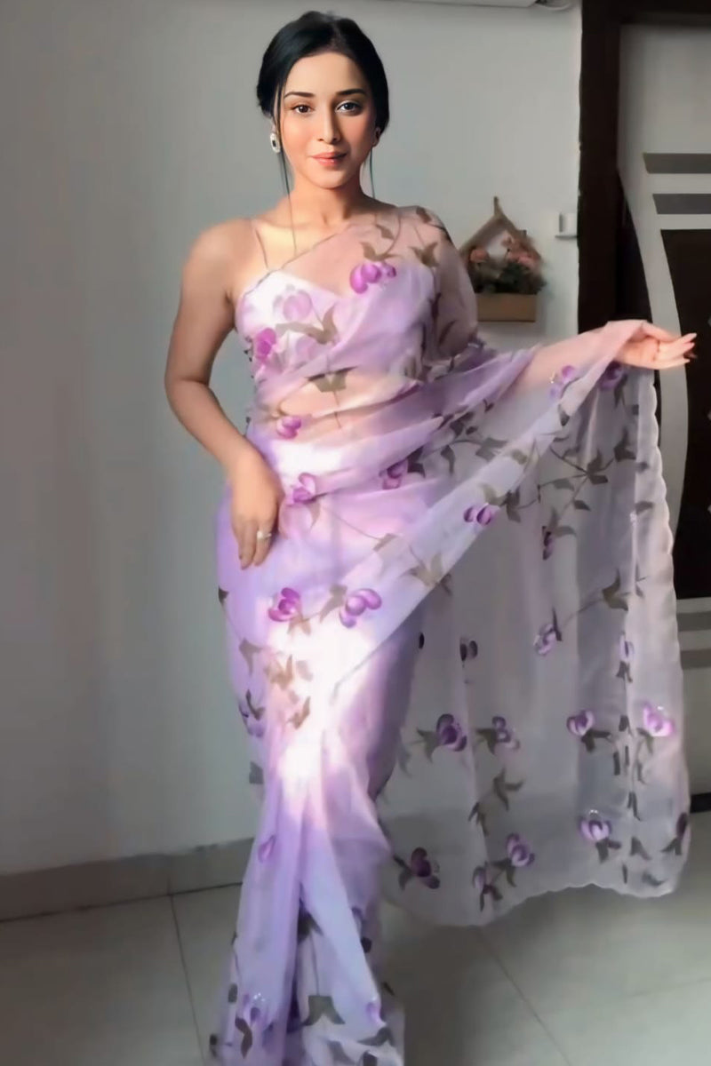 Charming 1-Minute Ready To Wear Lavender Organza Silk Saree