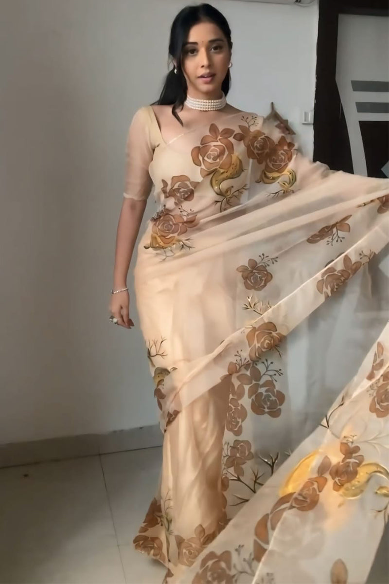 Snappy 1-Minute Ready To Wear Beige Organza Silk Saree