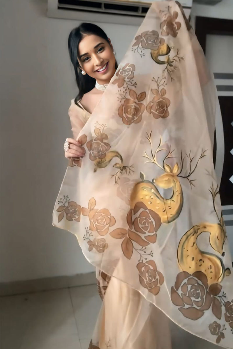 Snappy 1-Minute Ready To Wear Beige Organza Silk Saree