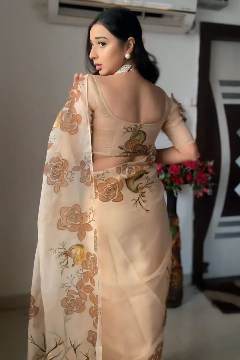 Snappy 1-Minute Ready To Wear Beige Organza Silk Saree