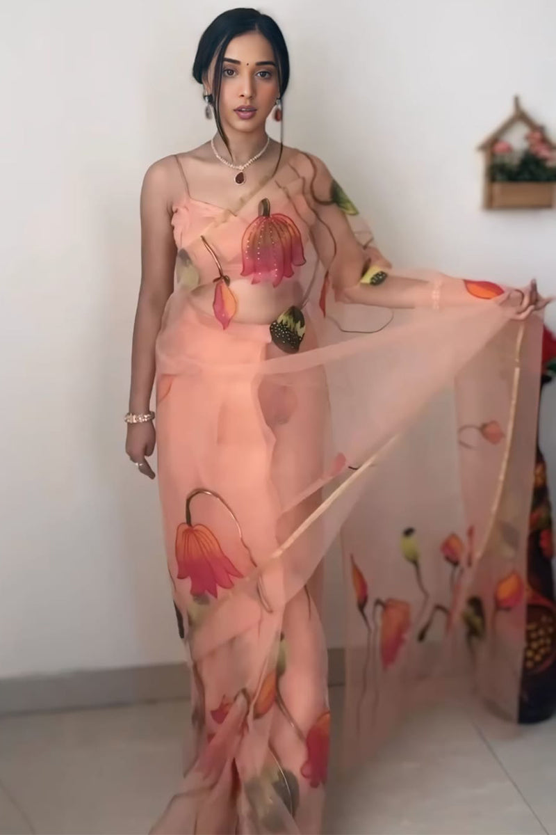 Conflate 1-Minute Ready To Wear Peach Organza Silk Saree