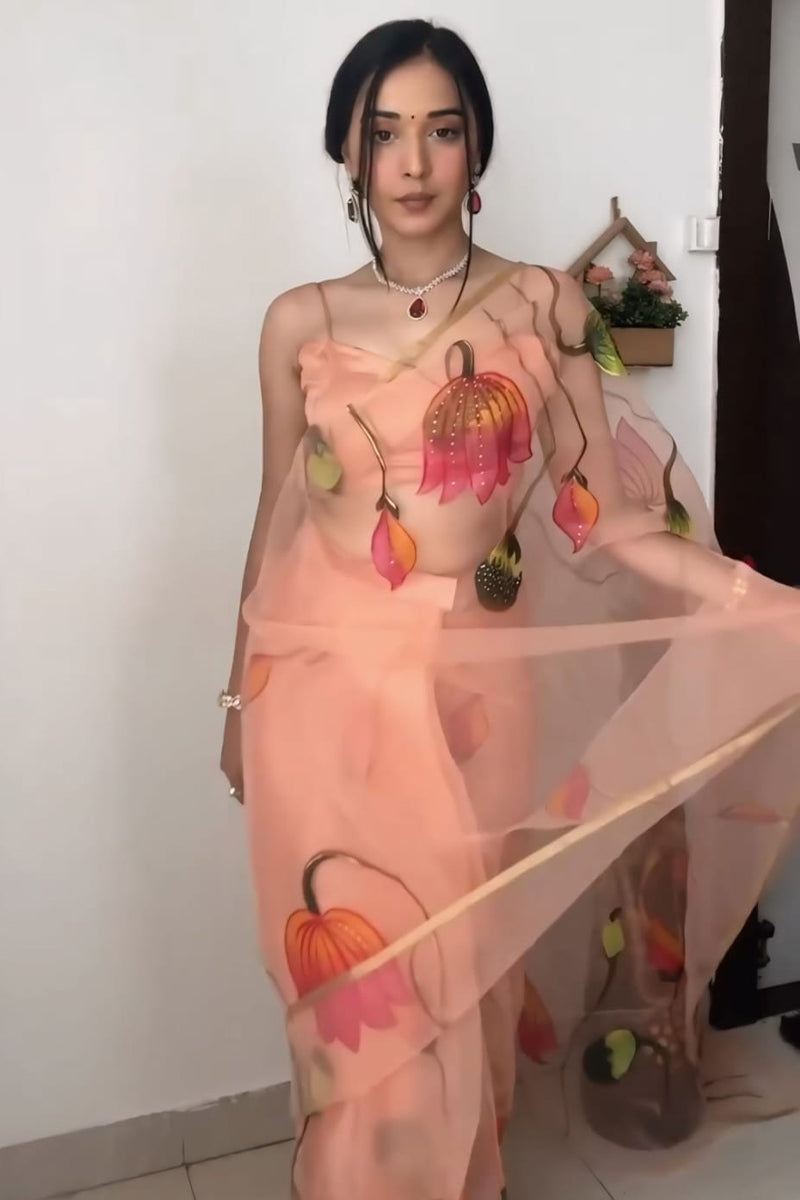 Conflate 1-Minute Ready To Wear Peach Organza Silk Saree