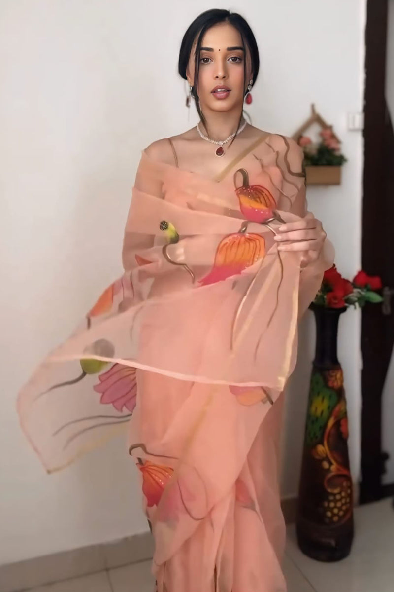 Conflate 1-Minute Ready To Wear Peach Organza Silk Saree