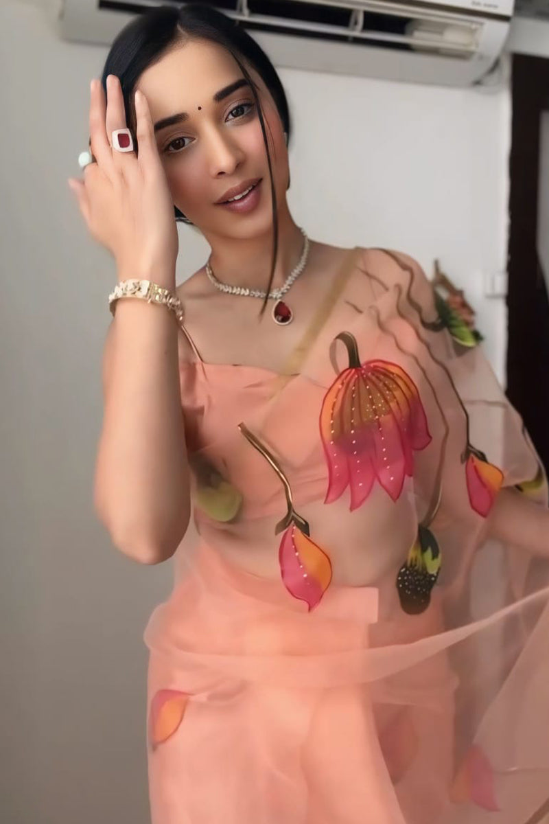 Conflate 1-Minute Ready To Wear Peach Organza Silk Saree