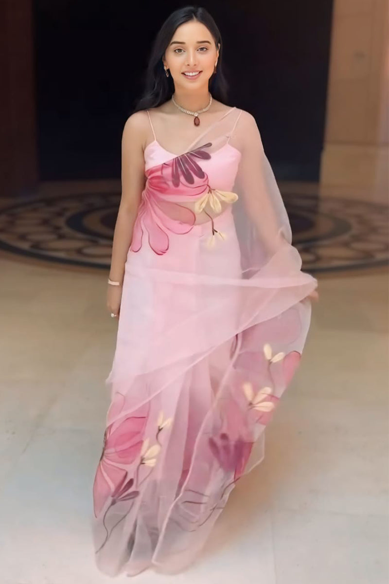 Most Admirable 1-Minute Ready To Wear Baby Pink Organza Silk Saree