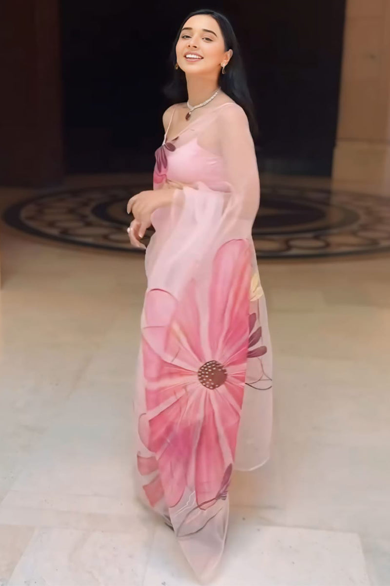 Most Admirable 1-Minute Ready To Wear Baby Pink Organza Silk Saree