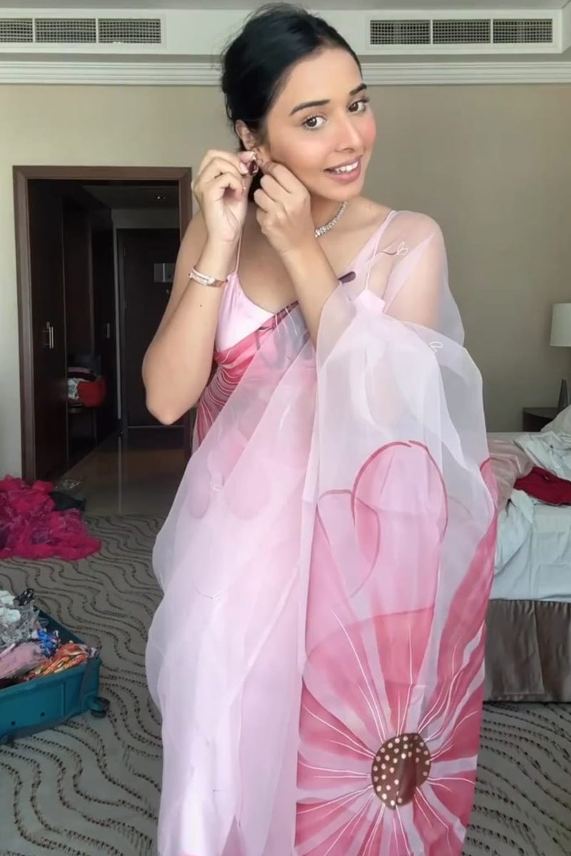 Most Admirable 1-Minute Ready To Wear Baby Pink Organza Silk Saree