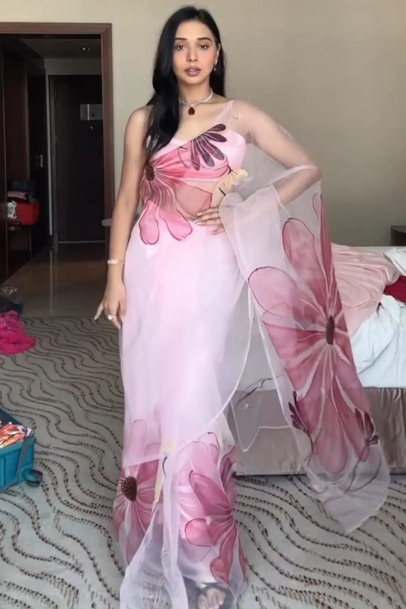 Most Admirable 1-Minute Ready To Wear Baby Pink Organza Silk Saree