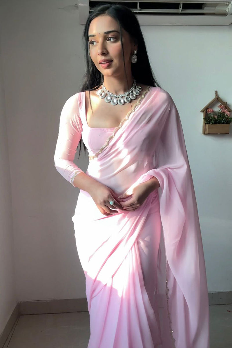 Beguiling 1-Minute Ready To Wear Baby Pink Georgette Saree