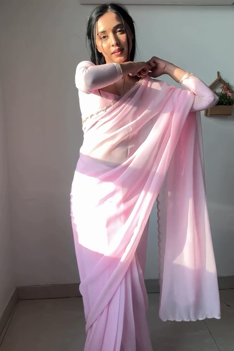Beguiling 1-Minute Ready To Wear Baby Pink Georgette Saree
