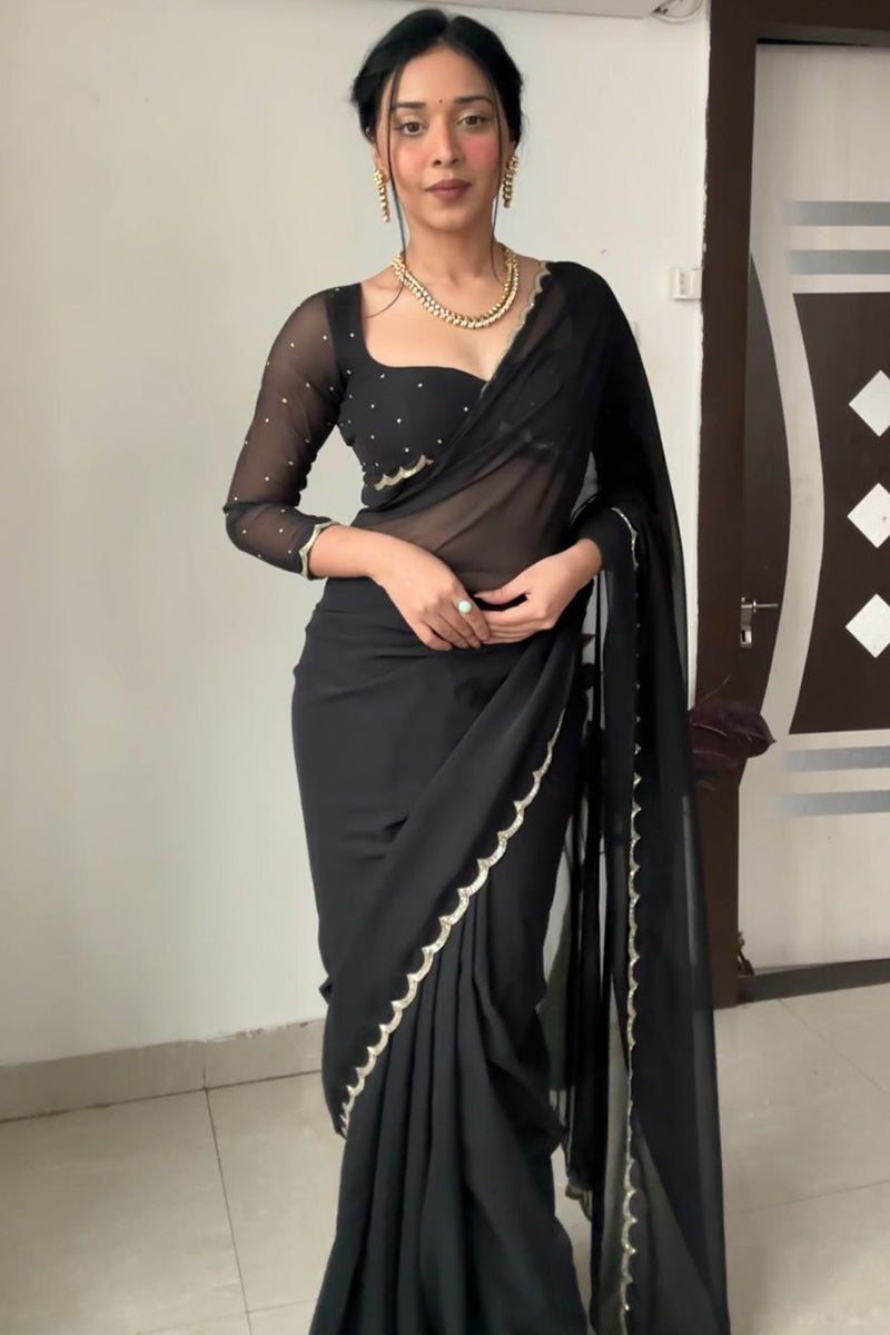 Ethnic 1-Minute Ready To Wear Black Georgette Saree