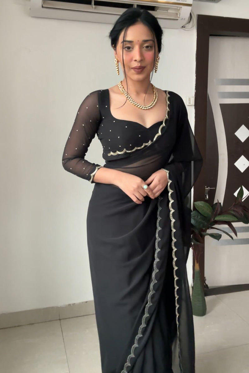 Ethnic 1-Minute Ready To Wear Black Georgette Saree