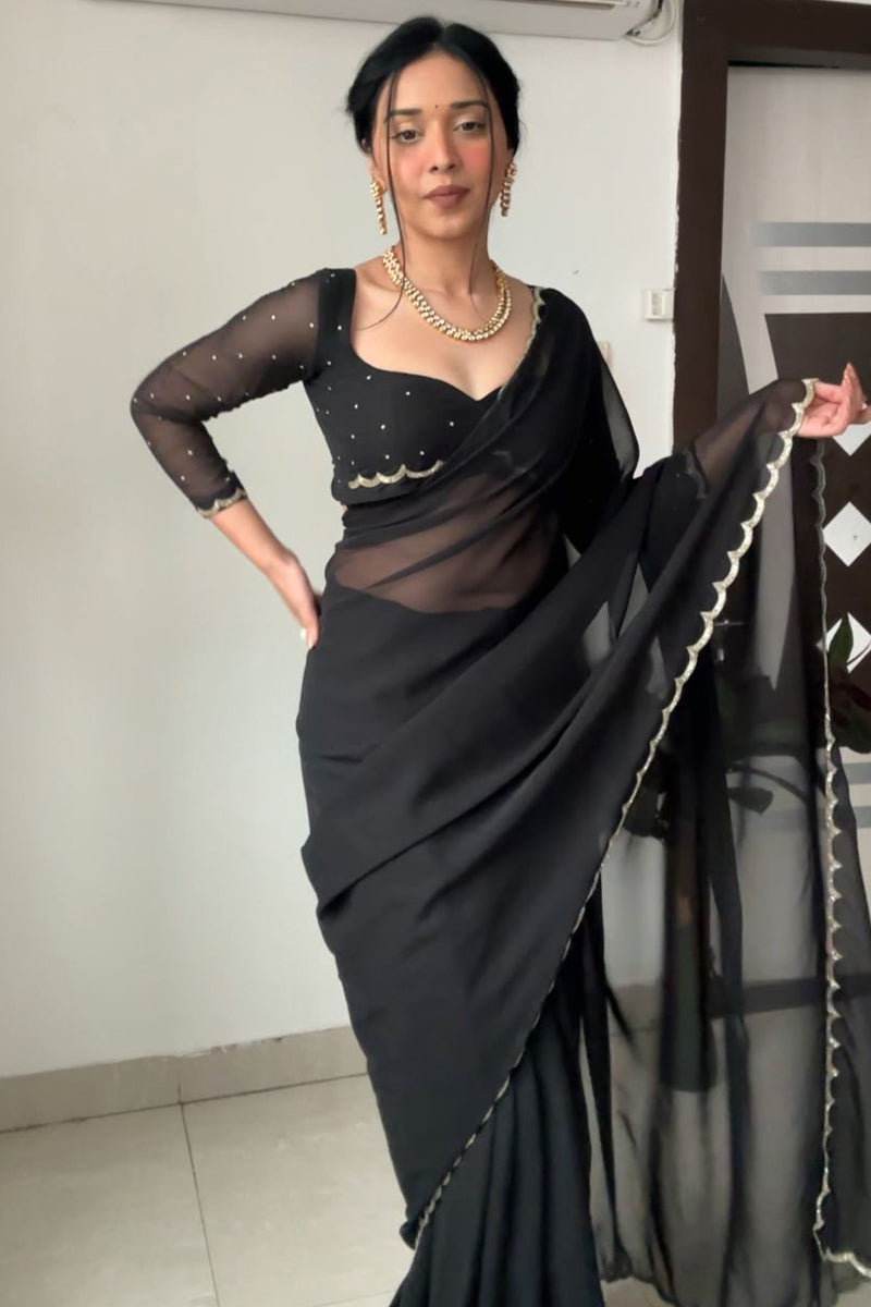 Ethnic 1-Minute Ready To Wear Black Georgette Saree