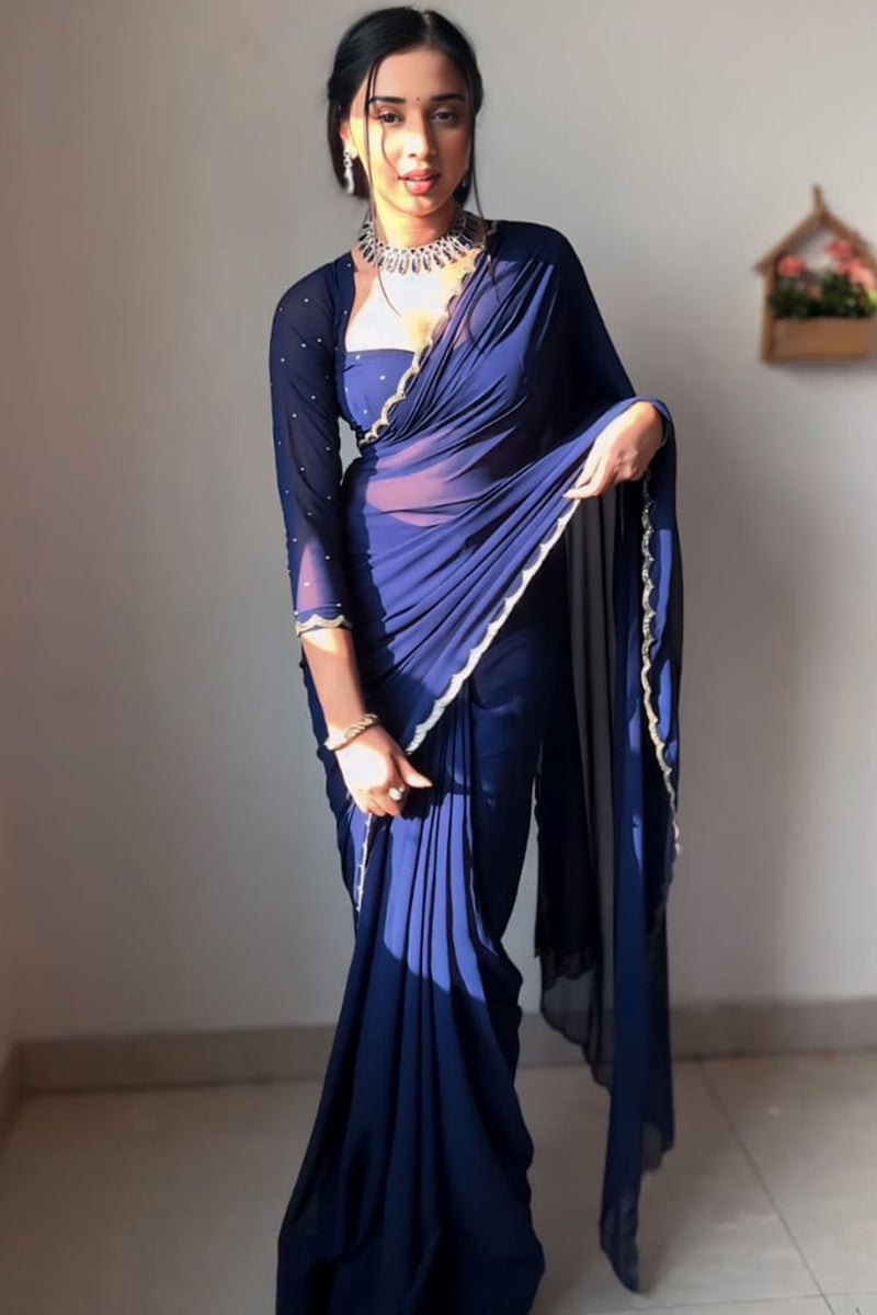 Smashing 1-Minute Ready To Wear Navy Blue Georgette Saree