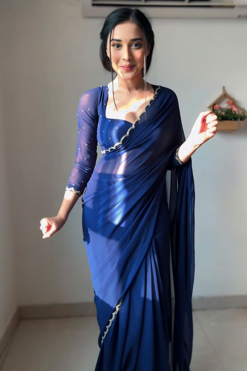 Smashing 1-Minute Ready To Wear Navy Blue Georgette Saree