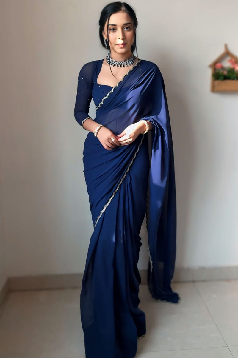 Smashing 1-Minute Ready To Wear Navy Blue Georgette Saree