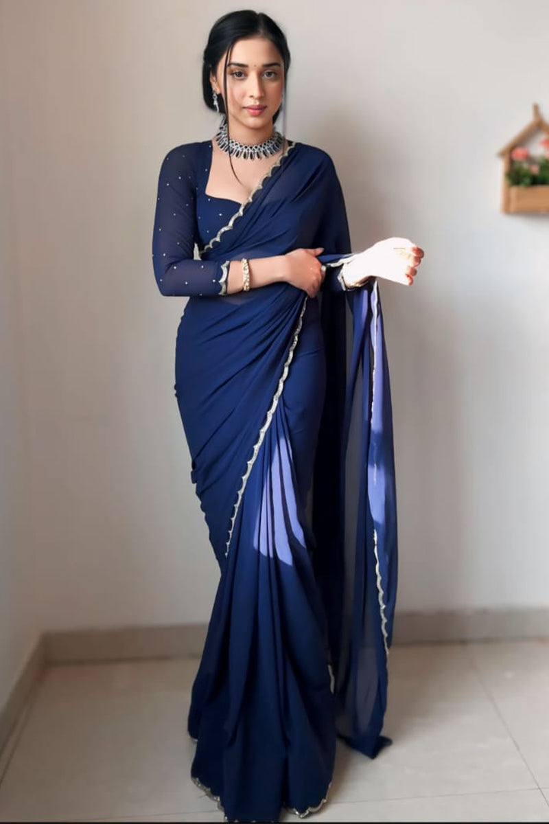 Smashing 1-Minute Ready To Wear Navy Blue Georgette Saree