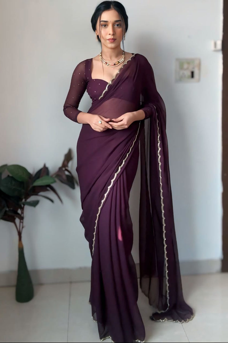 Eye-catching 1-Minute Ready To Wear Purple Georgette Saree