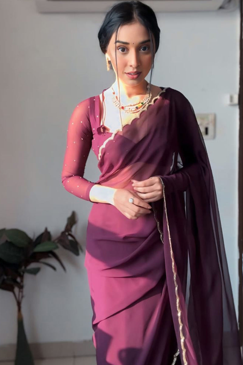 Eye-catching 1-Minute Ready To Wear Purple Georgette Saree