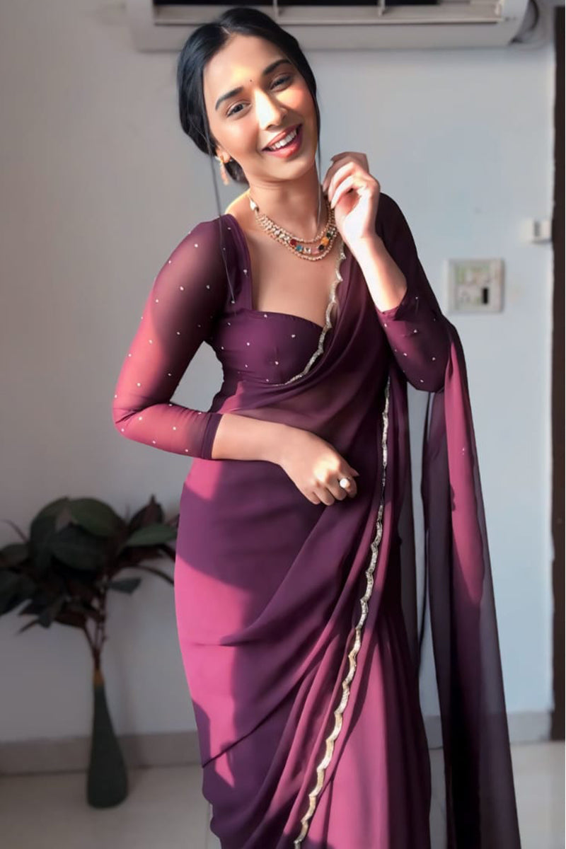 Eye-catching 1-Minute Ready To Wear Purple Georgette Saree