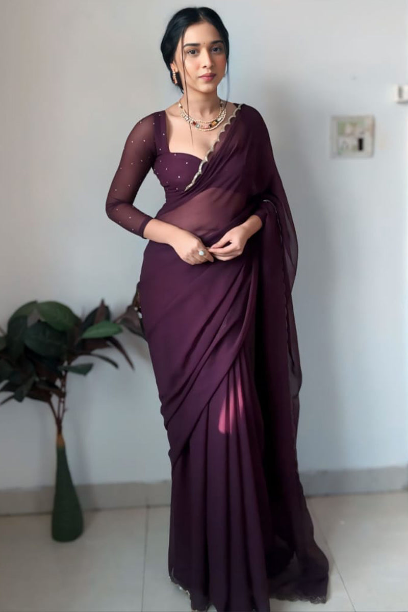 Eye-catching 1-Minute Ready To Wear Purple Georgette Saree