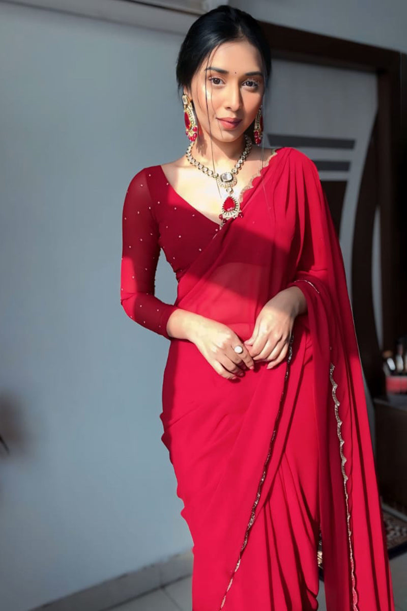 Adorable 1-Minute Ready To Wear Red Georgette Saree