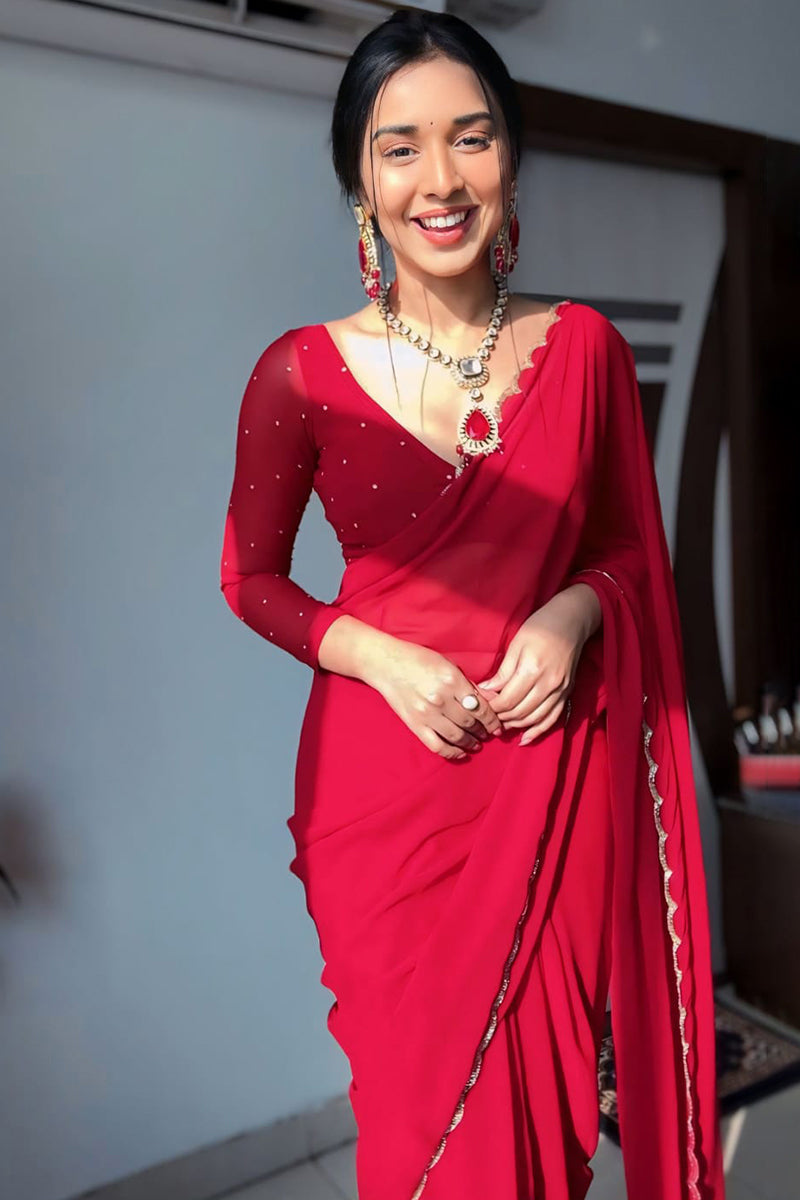 Adorable 1-Minute Ready To Wear Red Georgette Saree